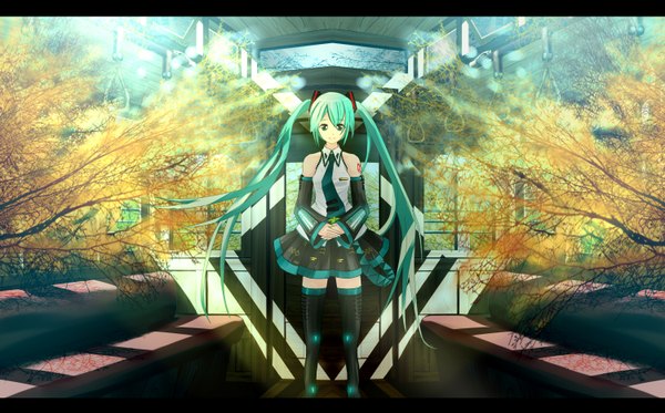Anime picture 1500x933 with vocaloid hatsune miku eto wide image twintails autumn girl