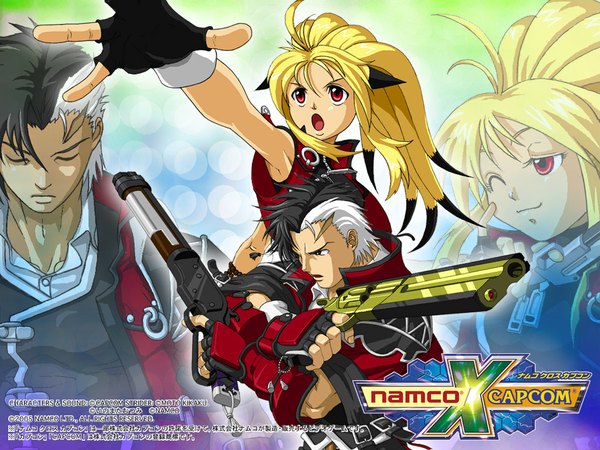 Anime picture 1024x768 with namco x capcom shaomu fox reiji arisu long hair short hair blonde hair red eyes one eye closed multicolored hair wink chinese clothes scar zoom layer girl boy gloves weapon jacket fingerless gloves gun