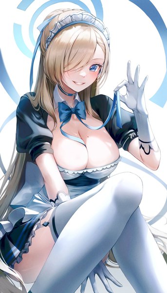 Anime picture 1172x2048 with blue archive asuna (blue archive) iro (iro 252 ) single tall image looking at viewer blush fringe breasts blue eyes light erotic simple background blonde hair smile large breasts white background sitting holding cleavage bent knee (knees)