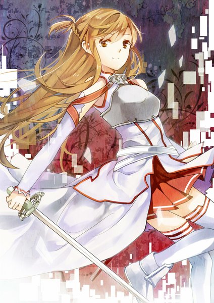 Anime picture 800x1131 with sword art online a-1 pictures yuuki asuna kita (kitairoha) single long hair tall image looking at viewer blonde hair smile brown eyes pleated skirt girl thighhighs skirt weapon detached sleeves white thighhighs sword armor