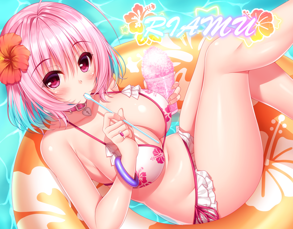 Anime picture 1270x994 with idolmaster idolmaster cinderella girls yumemi riamu yunagi amane single looking at viewer blush fringe short hair breasts light erotic hair between eyes large breasts purple eyes pink hair ahoge bent knee (knees) hair flower character names shiny skin