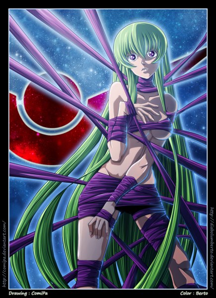 Anime picture 1024x1412 with code geass sunrise (studio) c.c. diabolumberto single tall image looking at viewer fringe breasts light erotic hair between eyes large breasts standing purple eyes very long hair green hair coloring framed girl star (stars)