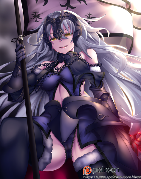 Anime picture 1120x1421 with fate (series) fate/grand order fate/apocrypha jeanne d'arc (fate) (all) jeanne d'arc alter (fate) jeanne d'arc alter (avenger) (third ascension) (fate) fi-san single long hair tall image open mouth light erotic yellow eyes white hair girl thighhighs gloves underwear panties black thighhighs