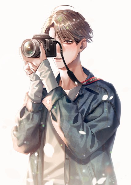 Anime picture 900x1271 with original kurayoshi samu (sum) single tall image fringe short hair simple background brown hair white background holding brown eyes looking away upper body parted lips open shirt lens flare sleeves past wrists covering eye (eyes) boy shirt