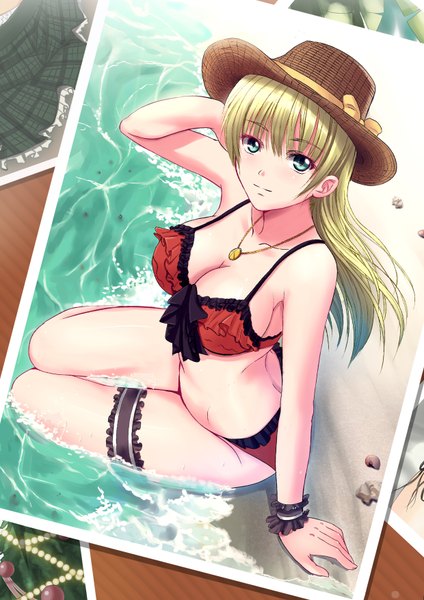 Anime picture 2480x3508 with original soyokaze single long hair tall image highres breasts light erotic blonde hair green eyes from above girl swimsuit hat bikini pendant red bikini
