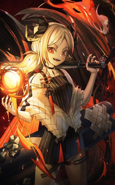 Anime picture 2073x3341 with arknights ifrit (arknights) ildy single long hair tall image looking at viewer highres open mouth blonde hair red eyes standing twintails :d horn (horns) low twintails magic girl flame