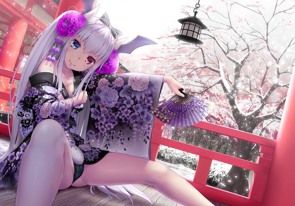 Anime picture 1334x934 with ange vierge akano murasaki single long hair fringe light erotic smile hair between eyes white hair traditional clothes japanese clothes heterochromia snowing winter snow bare tree girl hair ornament underwear panties