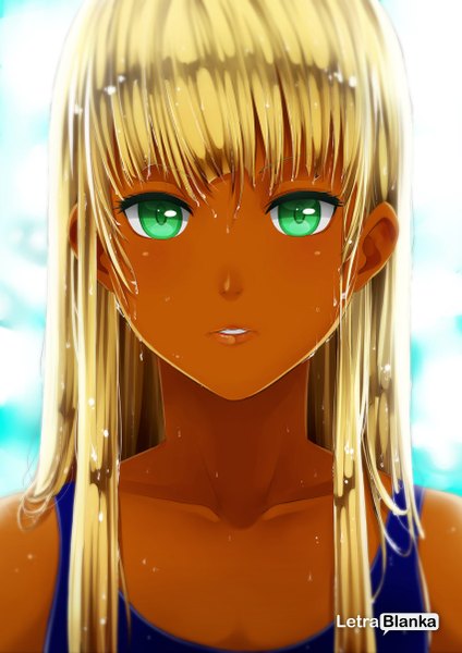 Anime picture 850x1202 with original ninamo single long hair tall image blonde hair green eyes lips sunlight wet dark skin portrait girl swimsuit