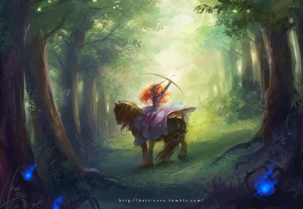 Anime picture 1580x1093 with brave disney merida hart-coco long hair signed orange hair glowing curly hair girl dress plant (plants) animal tree (trees) forest bow (weapon) arrow (arrows) horse