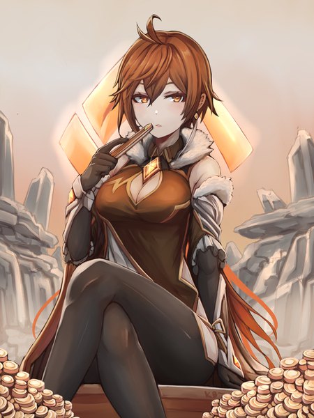 Anime picture 2400x3200 with genshin impact zhongli (genshin impact) kb-5 single long hair tall image looking at viewer blush fringe highres breasts hair between eyes brown hair large breasts sitting bare shoulders holding brown eyes payot sky