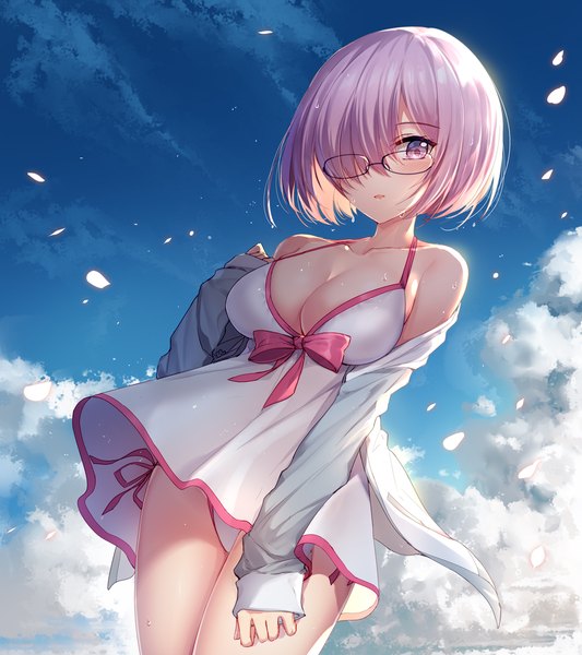 Anime picture 1000x1125 with fate (series) fate/grand order mash kyrielight mash kyrielight (swimsuit of perpetual summer) bison cangshu single tall image looking at viewer blush fringe short hair breasts open mouth light erotic large breasts standing purple eyes bare shoulders pink hair sky