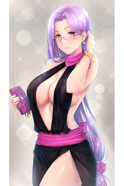 Anime picture 4000x6000 with fate (series) fate/stay night rider rei kun single tall image looking at viewer blush highres breasts light erotic simple background large breasts standing purple eyes bare shoulders holding absurdres purple hair very long hair