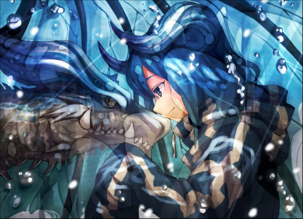 Anime picture 1803x1303 with original monkymonky long hair highres blue eyes blue hair long sleeves profile horn (horns) girl boy animal water bubble (bubbles) dragon