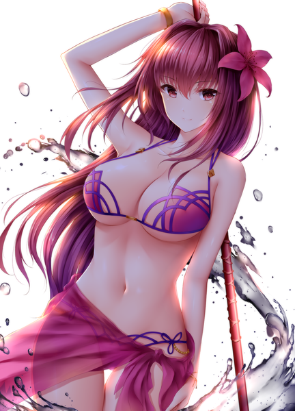 Anime picture 1296x1800 with fate (series) fate/grand order scathach (fate) (all) scathach (swimsuit assassin) (fate) wsman single long hair tall image looking at viewer fringe breasts light erotic simple background hair between eyes red eyes large breasts standing white background red hair arm up