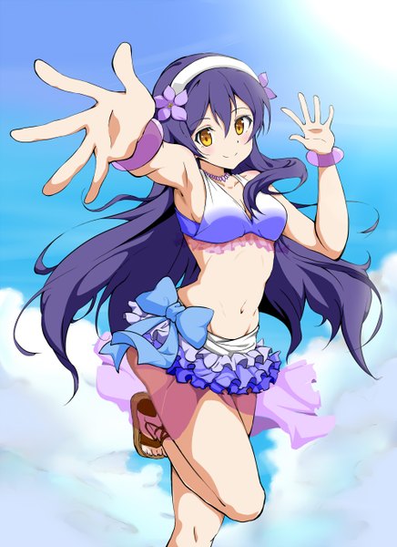 Anime picture 1000x1374 with love live! school idol project sunrise (studio) love live! sonoda umi frolaytia long hair tall image blush smile yellow eyes blue hair hair flower midriff girl navel flower (flowers) swimsuit bikini bracelet hairband