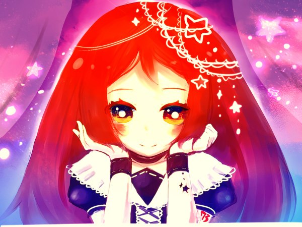 Anime picture 1200x900 with utau namine ritsu single long hair looking at viewer blush red eyes red hair light smile orange eyes tattoo looking down lacing otoko no ko purple background boy hair ornament star (symbol) curtains wristlet