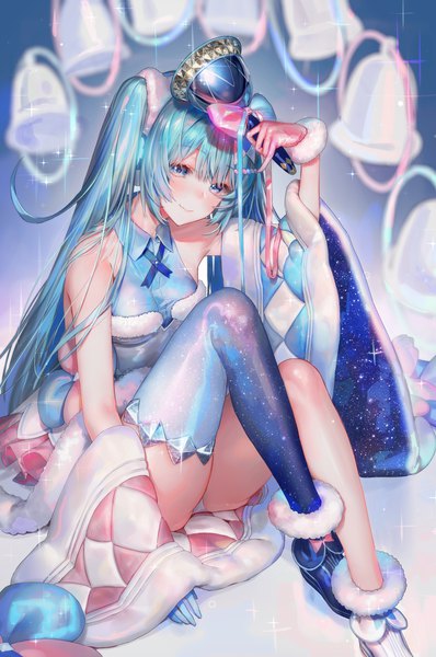 Anime picture 1500x2261 with vocaloid magical mirai (vocaloid) hatsune miku magical mirai miku magical mirai miku (2020 winter) oohhya single long hair tall image looking at viewer blush fringe blue eyes light erotic simple background smile twintails holding payot blue hair
