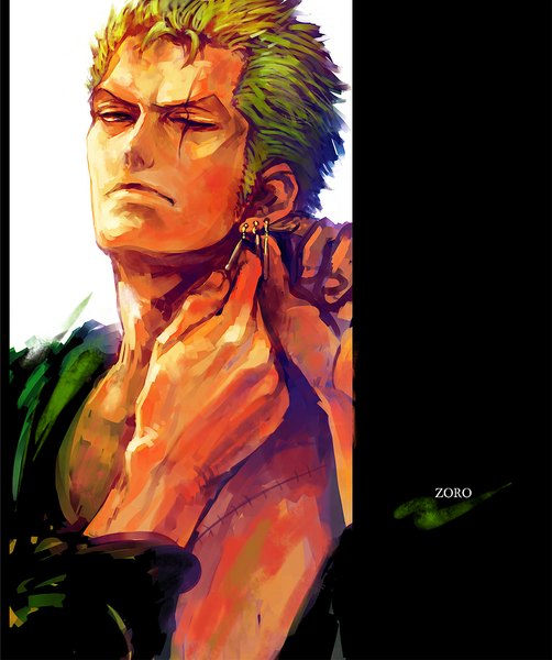 Anime picture 926x1107 with one piece toei animation roronoa zoro tsuyomaru single tall image looking at viewer short hair simple background green hair inscription scar boy earrings