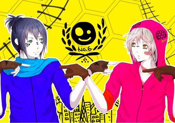 Anime picture 1754x1241 with no.6 studio bones matryoshka (vocaloid) nezumi (no.6) shion (no.6) en (en) highres short hair smile red eyes twintails green eyes purple hair white hair inscription facial mark scar yellow background crossover face paint