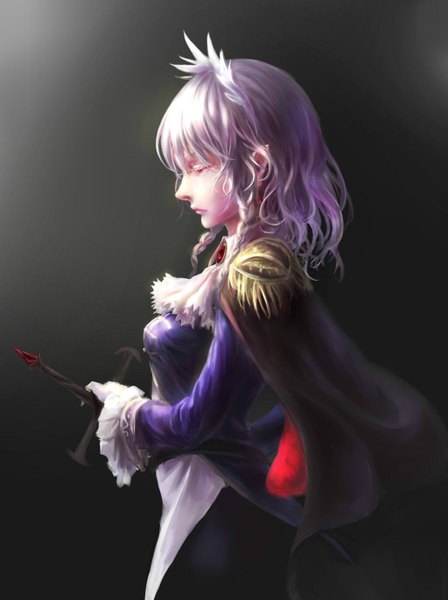 Anime picture 1024x1372 with touhou izayoi sakuya grape.mk-233 single tall image fringe short hair red eyes holding purple hair braid (braids) profile lips alternate costume twin braids girl gloves uniform weapon white gloves