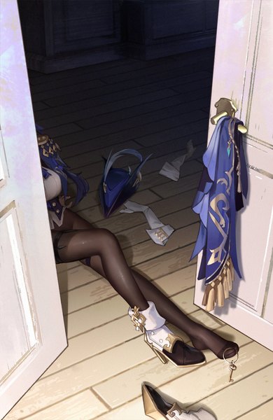 Anime picture 1273x1959 with genshin impact clorinde (genshin impact) le (huanglongen) single long hair tall image breasts light erotic sitting purple hair indoors arm support high heels legs head out of frame headwear removed single shoe long legs girl gloves