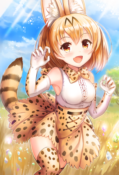 Anime picture 682x1000 with kemono friends serval (kemono friends) sakura ani single tall image looking at viewer blush fringe short hair open mouth blonde hair smile bare shoulders animal ears yellow eyes sky cloud (clouds) tail :d animal tail