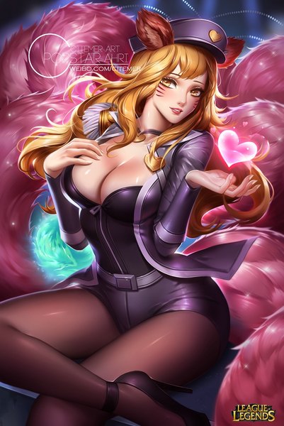 Anime picture 685x1024 with league of legends ahri (league of legends) popstar ahri (league of legends) gu-ko citemer single long hair tall image looking at viewer breasts light erotic blonde hair large breasts sitting animal ears yellow eyes tail animal tail lips open jacket high heels