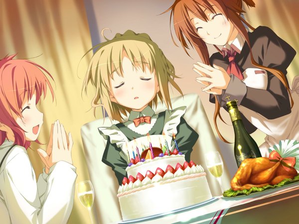 Anime picture 1600x1200 with happy margaret amagahara inaho minahase karin sakura mao kokonoka long hair short hair open mouth blonde hair brown hair sitting multiple girls game cg red hair eyes closed maid girl food sweets 3 girls