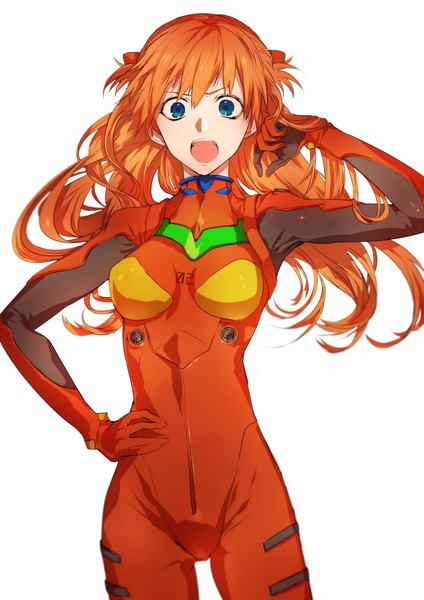 Anime picture 1000x1414 with neon genesis evangelion gainax soryu asuka langley tcb (pixiv) single long hair tall image looking at viewer fringe breasts open mouth blue eyes simple background standing white background orange hair hand on hip adjusting hair girl pilot suit