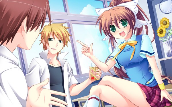 Anime picture 1280x800 with flag heshiori otoko aizawa mahiru honda yukinojou komo da long hair short hair open mouth blonde hair brown hair wide image green eyes game cg ponytail girl boy serafuku