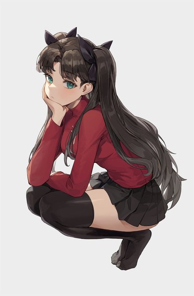 Anime picture 2000x3048 with fate (series) fate/stay night toosaka rin cotta (heleif) single long hair tall image highres simple background brown hair green eyes full body pleated skirt grey background two side up no shoes squat head rest girl thighhighs