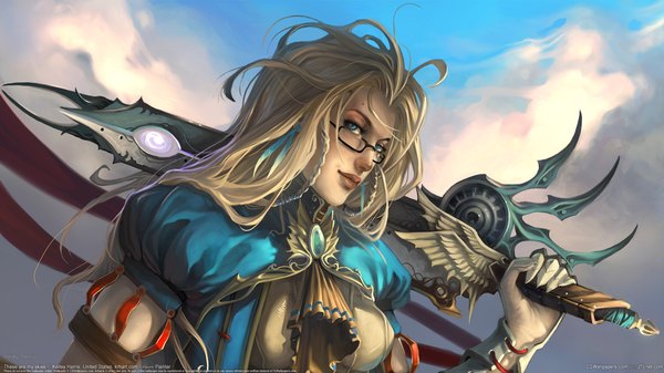 Anime picture 1920x1080 with kelley harris single long hair highres blue eyes blonde hair wide image signed girl weapon glasses