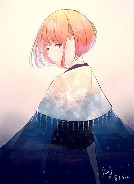 Anime picture 1494x2048 with original sousou (sousouworks) single tall image looking at viewer fringe short hair purple eyes upper body traditional clothes japanese clothes looking back orange hair gradient background nengajou 2018 double exposure girl kimono obi