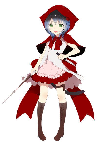 Anime picture 1200x1671 with utau ryone yami saru to yami tall image short hair open mouth green eyes animal ears blue hair cat ears cat girl cat tail transparent background girl dress weapon boots