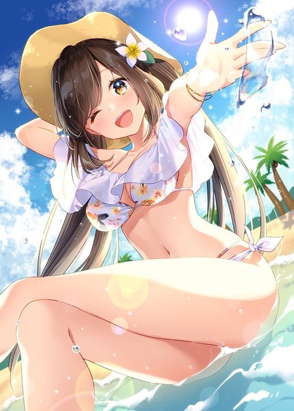 Anime picture 800x1119 with original masuishi kinoto single long hair tall image looking at viewer blush fringe breasts open mouth light erotic smile brown hair large breasts sitting twintails bare shoulders brown eyes payot sky