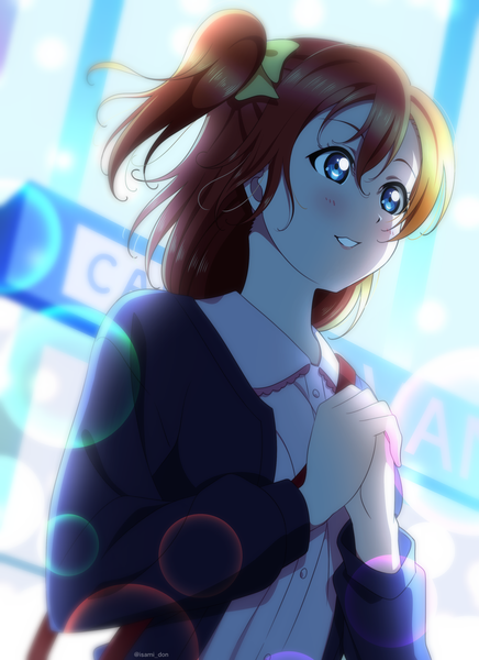 Anime picture 2508x3449 with love live! school idol project sunrise (studio) love live! kousaka honoka isami don single tall image blush fringe highres short hair breasts blue eyes smile hair between eyes standing signed looking away upper body blurry