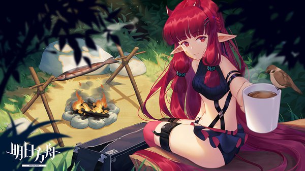Anime picture 1400x788 with arknights vigna (arknights) panpanmeiyou hp single looking at viewer fringe light erotic red eyes wide image sitting outdoors red hair blunt bangs very long hair horn (horns) pointy ears copyright name outstretched hand girl swimsuit