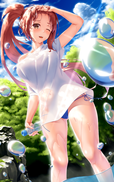 Anime picture 2000x3200 with original jiangjin nanyun zhi (kumita) single long hair tall image looking at viewer blush fringe highres breasts open mouth light erotic smile brown hair large breasts standing bare shoulders holding brown eyes payot