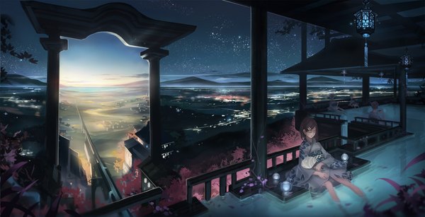 Anime picture 1790x918 with original pixiv monono highres short hair open mouth brown hair wide image sitting multiple girls eyes closed japanese clothes night night sky evening sunset horizon mountain girl hair ornament