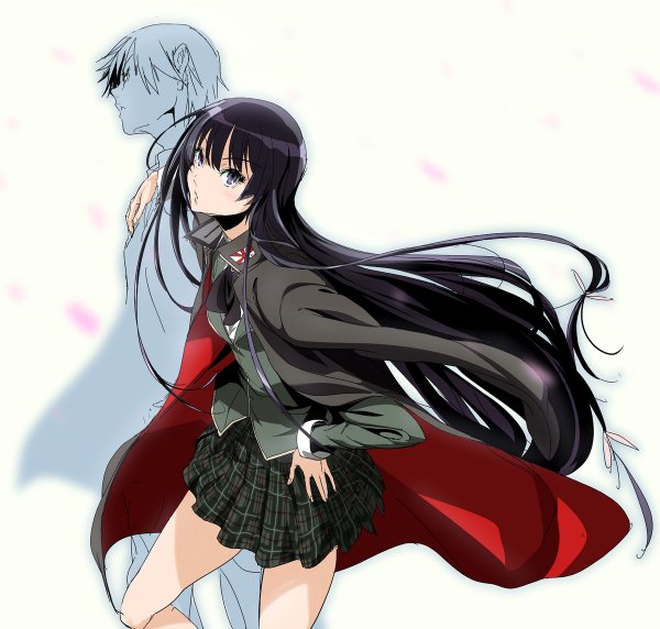 Anime picture 1200x1144 with original illust (artist) long hair short hair black hair simple background white background purple eyes purple hair very long hair profile pleated skirt open clothes open jacket couple hand on hip hug plaid skirt ghost silhouette