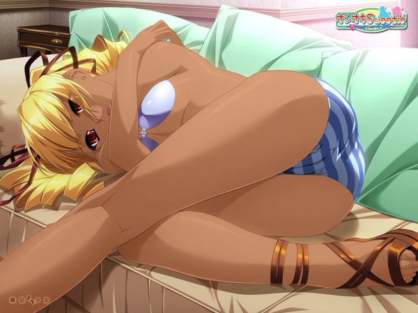 Anime picture 1600x1200 with oshioki sweetie shinmeiji rinn ino single long hair open mouth light erotic blonde hair red eyes lying dark skin girl underwear panties couch