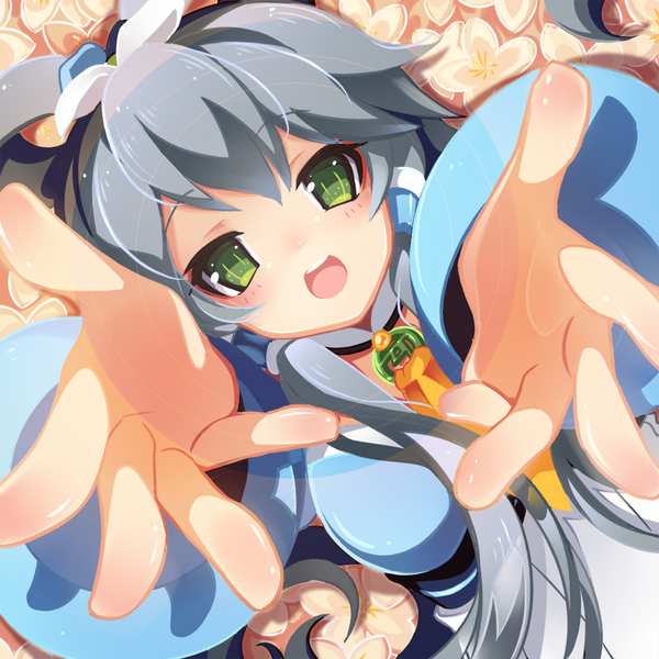 Anime picture 1000x1000 with vocaloid vocaloid china luo tianyi kaka cheung single long hair blush fringe breasts open mouth green eyes from above grey hair outstretched arm looking up girl