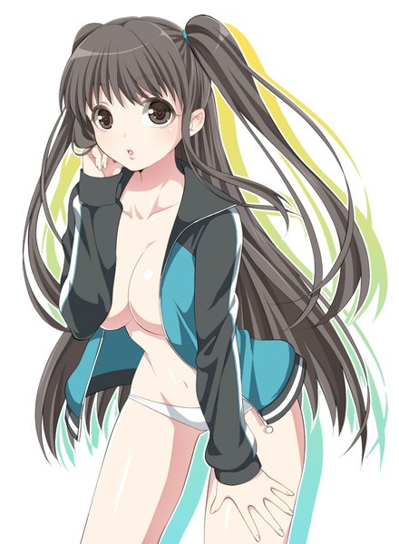 Anime picture 800x1091 with original hattori (junoct2000) single long hair tall image looking at viewer breasts open mouth light erotic black hair simple background white background black eyes girl navel underwear panties