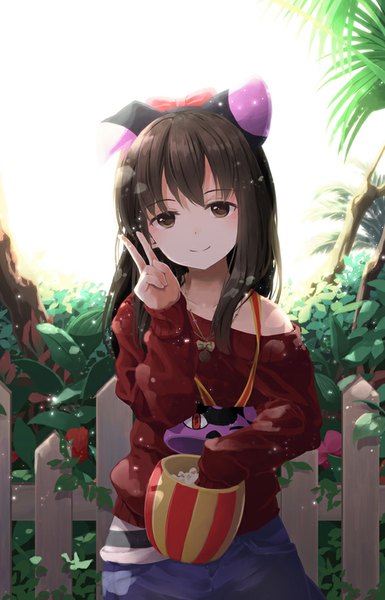 Anime picture 600x934 with original niichi (komorebi-palette) single long hair tall image black hair smile black eyes sunlight victory girl hair ornament bow plant (plants) hair bow tree (trees) sweater vegetables tomato popcorn