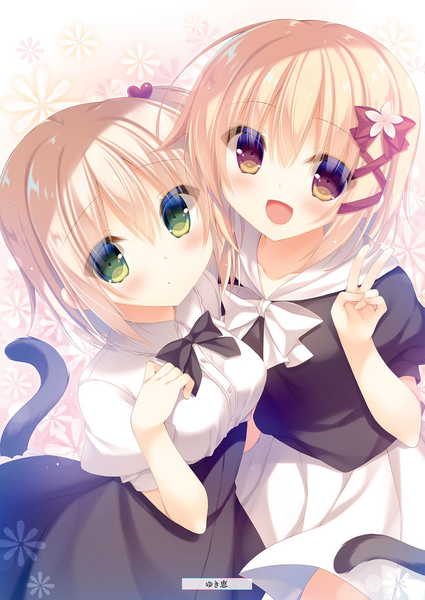 Anime picture 1451x2048 with alice or alice mako (alice or alice) koko (alice or alice) yukie (peach candy) tall image looking at viewer blush fringe short hair open mouth blonde hair hair between eyes multiple girls brown eyes green eyes tail animal tail hair flower scan cat tail
