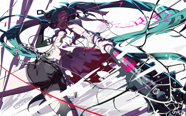 イラスト 2000x1250 と ボーカロイド 初音ミク 千夜qys3 ソロ カメラ目線 highres 開いた口 light erotic ツインテール very long hair ピンク目 aqua hair 刺青 torn clothes glowing glowing eye (eyes) 修正版 女の子 ストッキング ショーツ