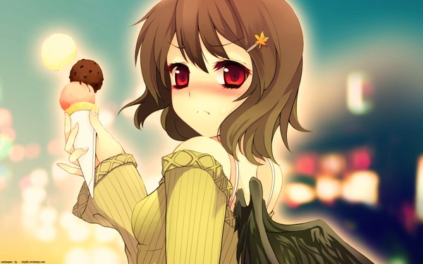 Anime picture 1920x1200 with touhou shameimaru aya highres short hair red eyes brown hair wide image girl wings food sweets ice cream