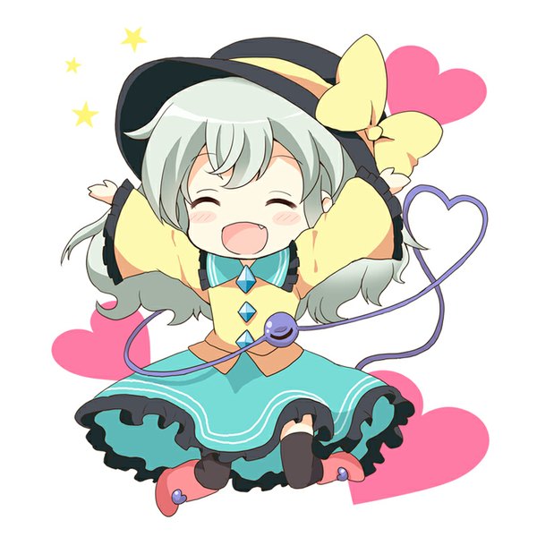 Anime picture 800x800 with touhou komeiji koishi massala single long hair blush open mouth white background silver hair eyes closed fang (fangs) happy spread arms chibi ^ ^ jumping heart of string girl thighhighs black thighhighs