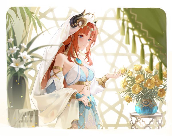 Anime picture 3400x2700 with genshin impact nilou (genshin impact) minzu u single long hair highres blue eyes smile looking away absurdres red hair traditional clothes horn (horns) midriff border girl flower (flowers) detached sleeves tassel arabian clothes