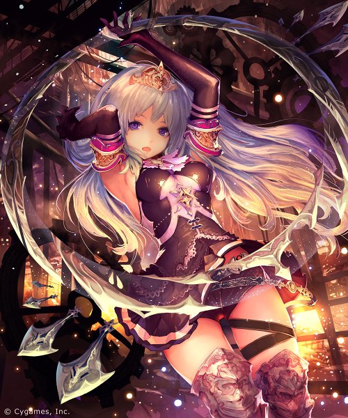 Anime picture 1000x1200 with original tachikawa mushimaro (bimo) single long hair tall image looking at viewer open mouth purple eyes white hair girl dress gloves hair ornament weapon black gloves elbow gloves shorts short shorts gears